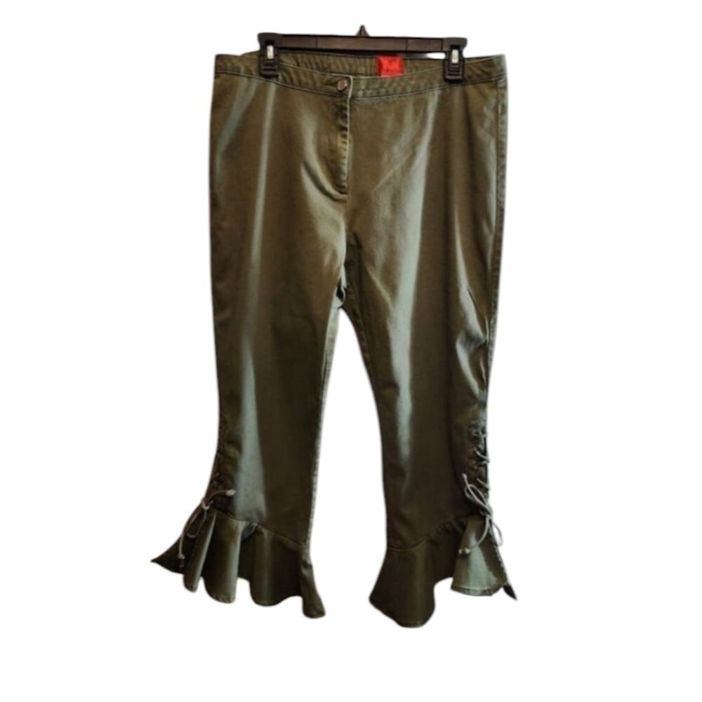 V CRISTINA OLIVE GREEN PANTS WITH TIES AT BOTTOM AND FLARE LEG, SIZE 14, BOHO